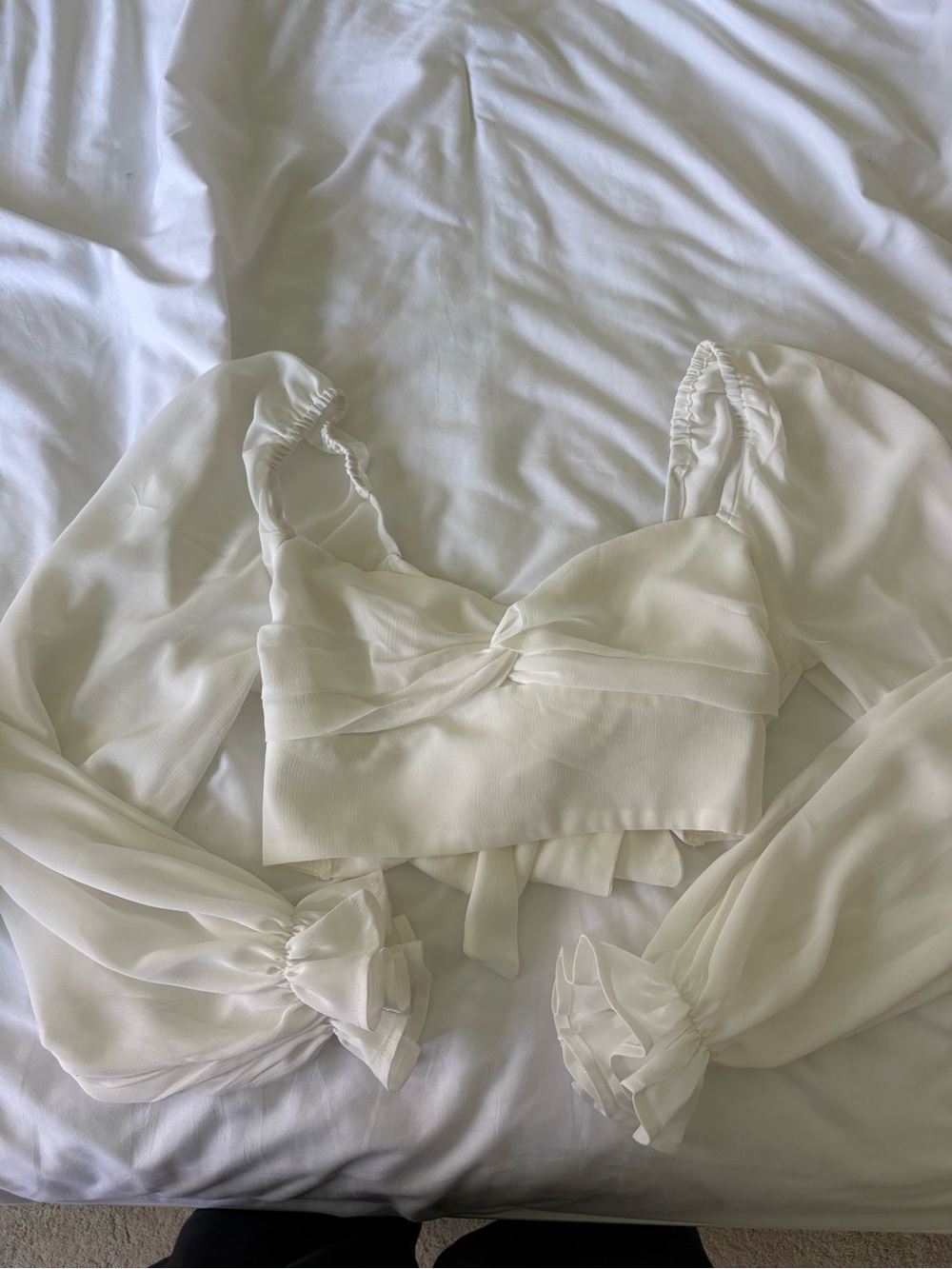 Princess Polly Cream Twist-Front Chiffon Sleeve Crop Top